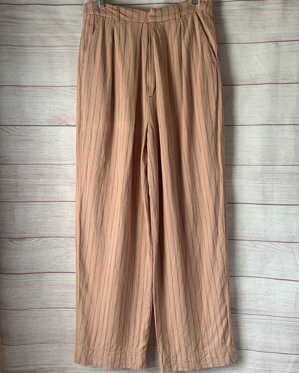 Free People High Rise Wide Leg Linen Trousers Tan Pinstripe Pleated Pants Size M